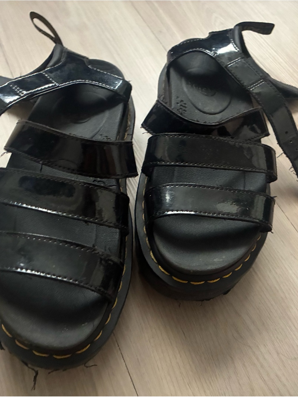 Dr. Martens Black Patent Triple-Strap Platform Sandals
